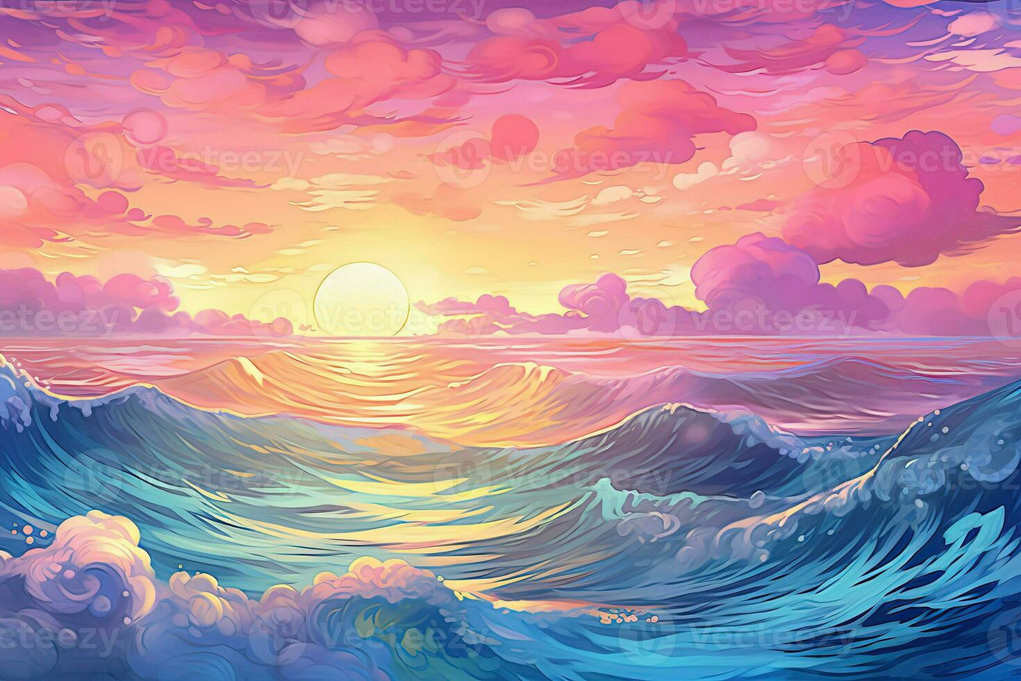an animated painting of the ocean with a sunset in the background. Generative AI photo