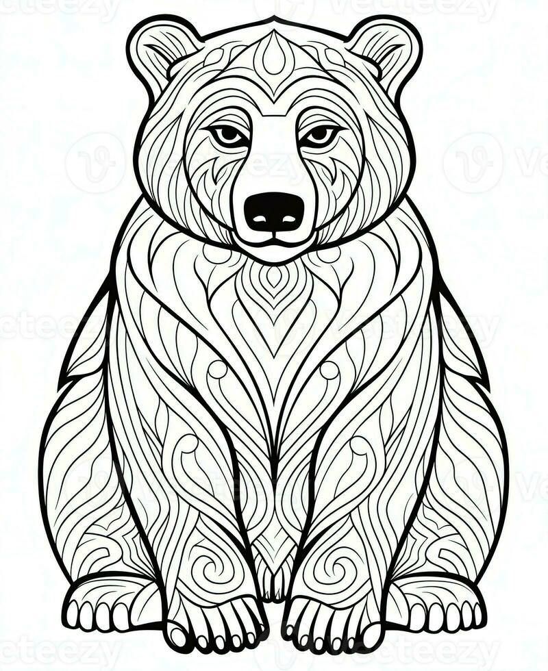 a bear coloring page with a patterned design. Generative AI photo