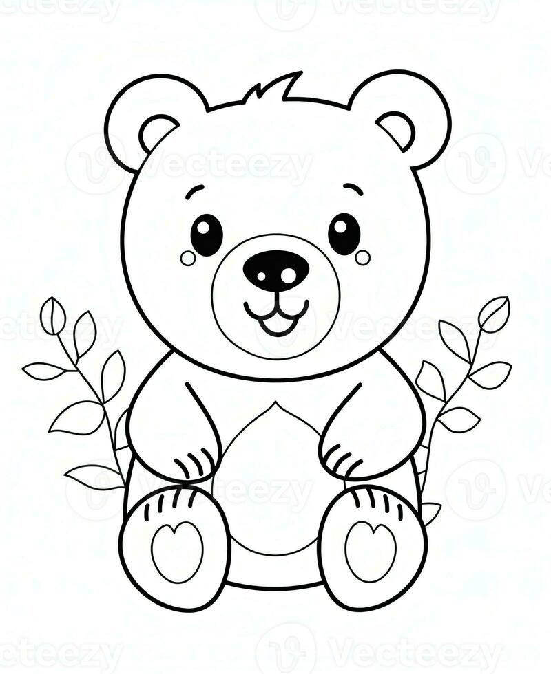 Vector cartoon lovely teddy bear. Animal coloring page. Monohrome black animal illustration. Generative AI photo