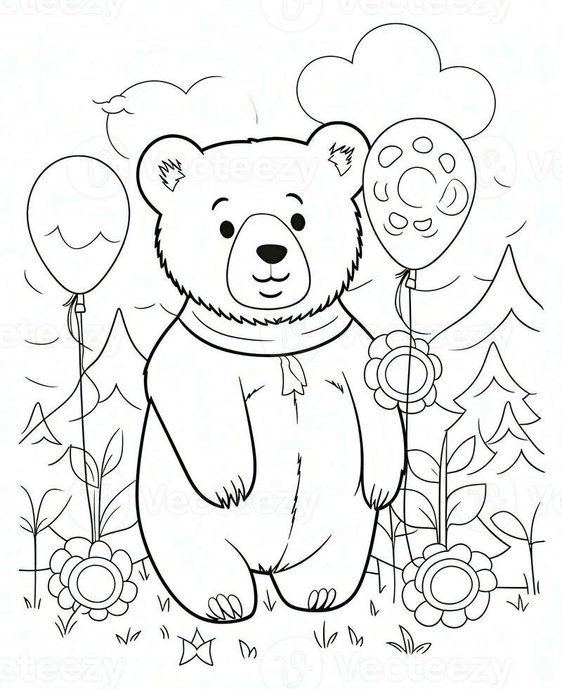 a coloring page with a bear and balloons. Generative AI photo