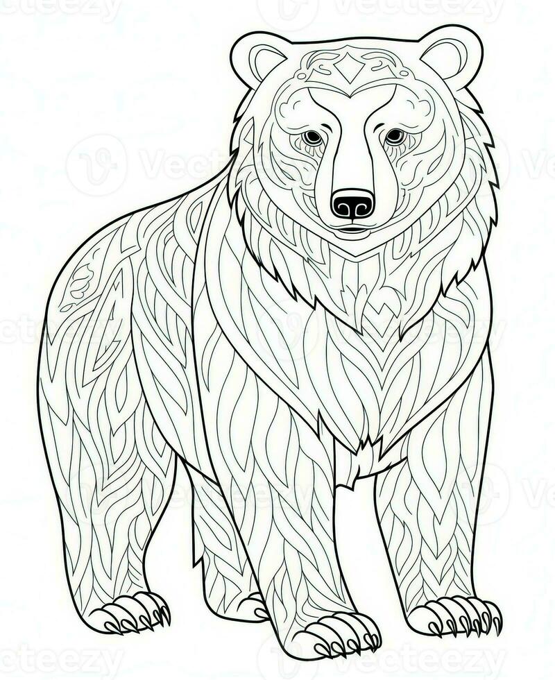 vector of bear in black and white coloring. Animal coloring page. Generative AI photo