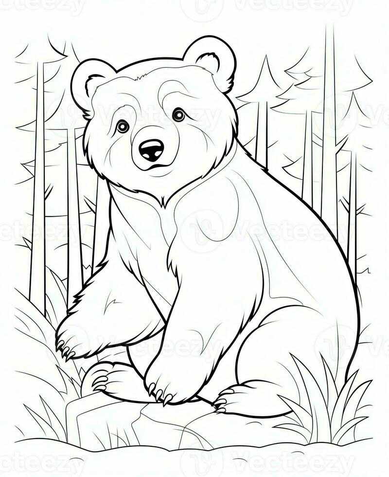 a bear coloring page with a forest background. Generative AI photo