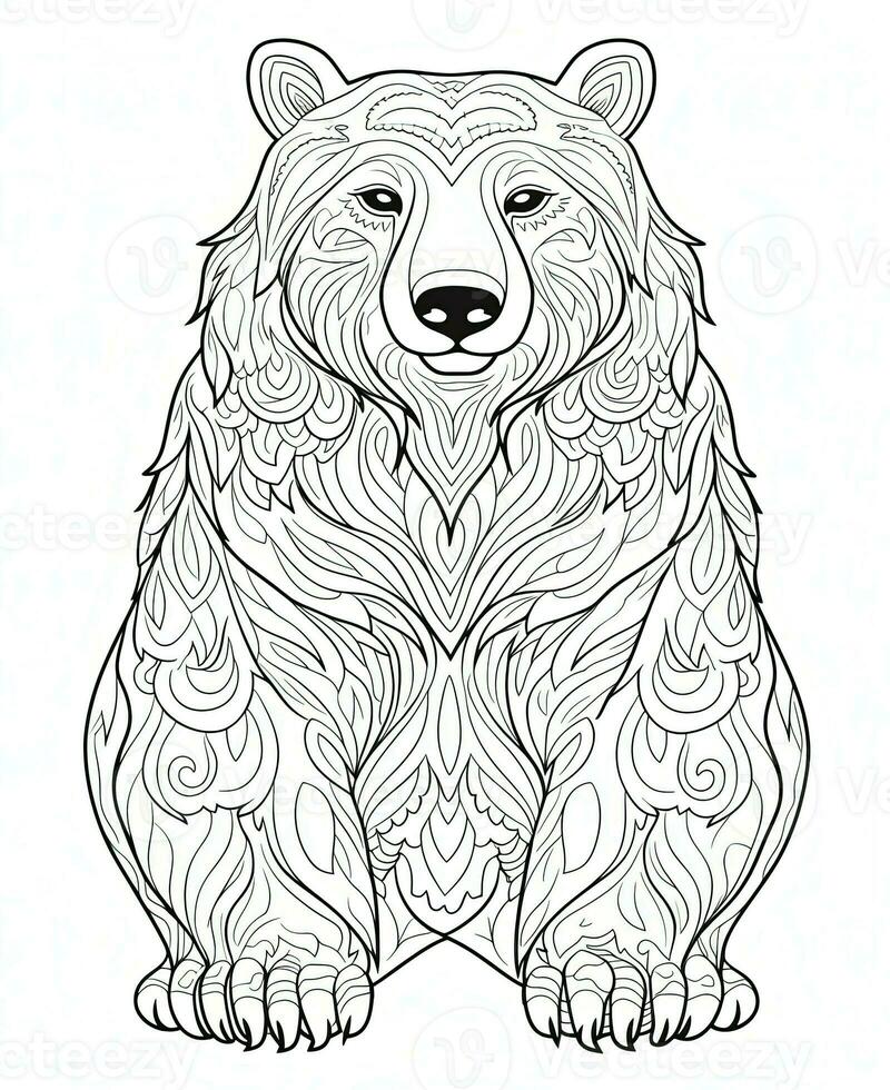 a bear coloring page with a patterned design. Generative AI photo