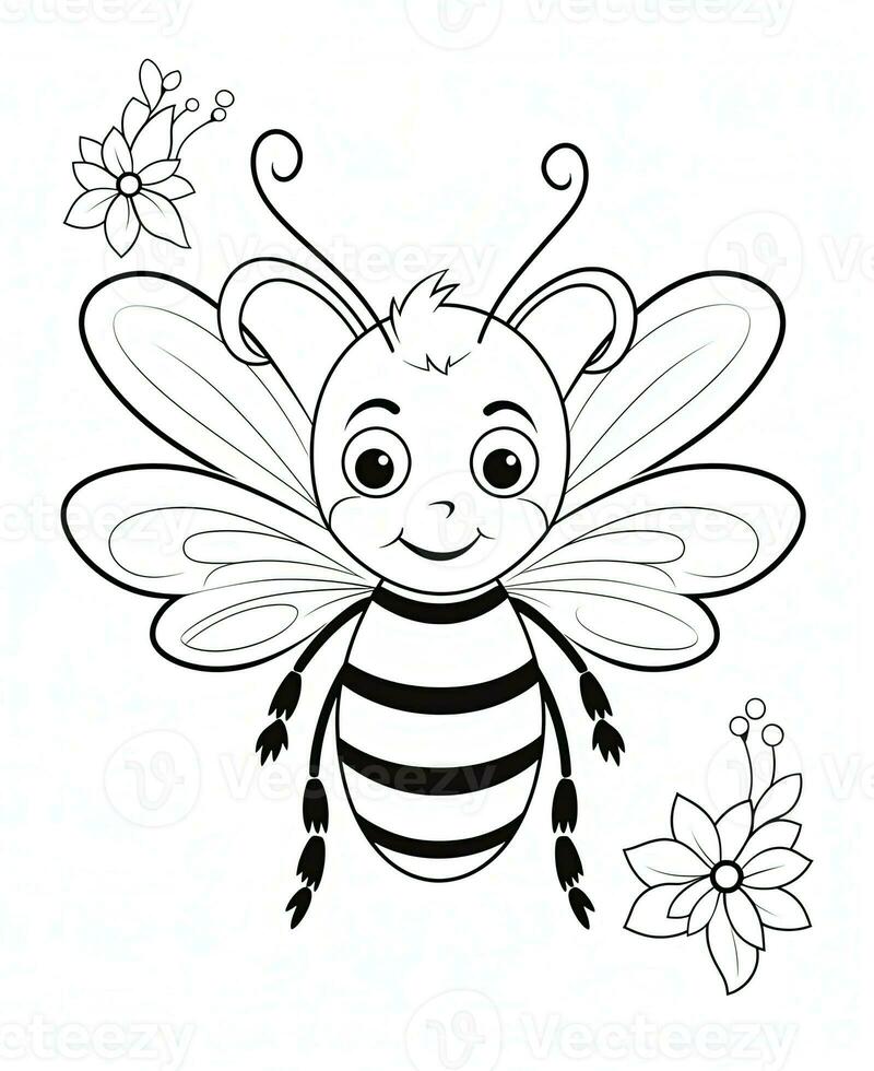 a coloring page with a bee and flowers. Generative AI photo