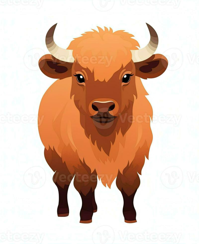 Cartoon Buffalo with brown fur illustration isolated on white background. Generative AI photo