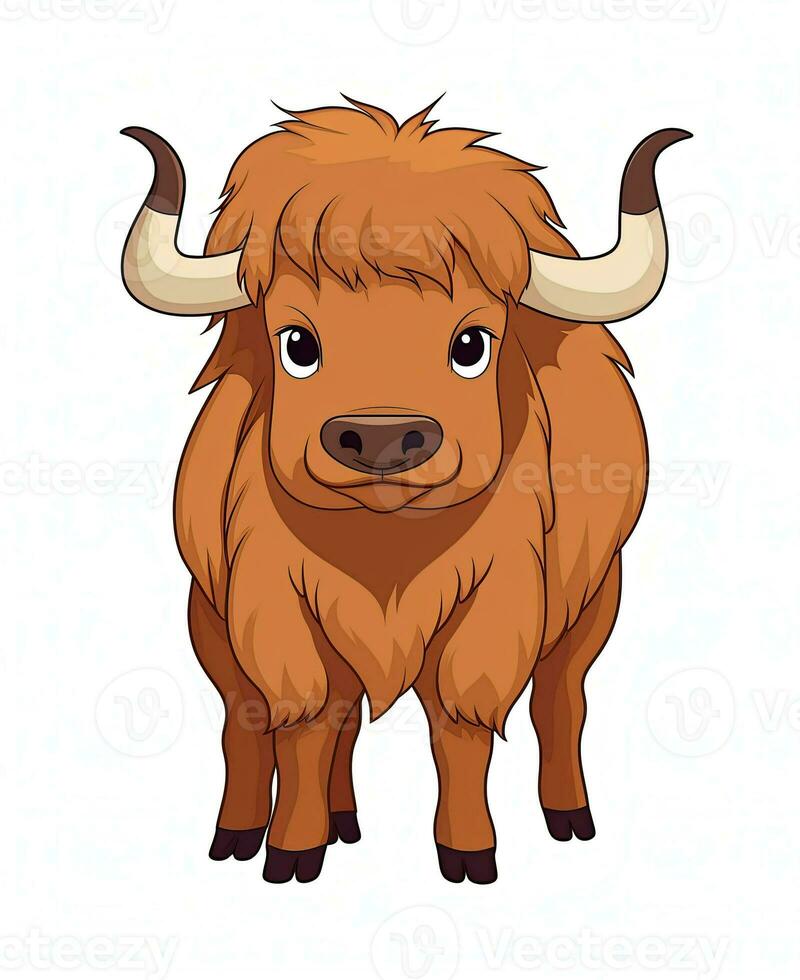 cartoon illustration of a brown highland cow. Generative AI photo