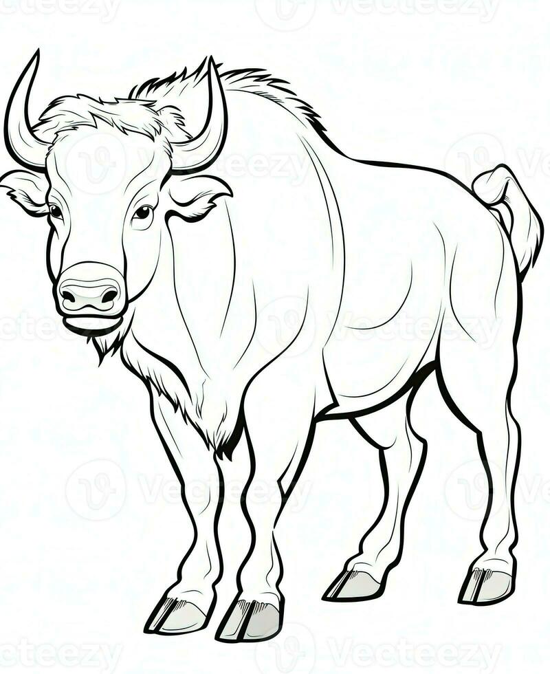 Vector of buffalo in black and white coloring. Animal coloring page for kids. Generative AI photo