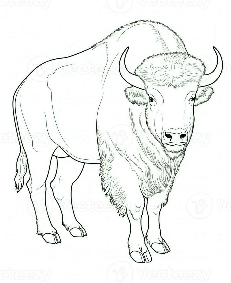 Vector of buffalo in black and white coloring. Animal coloring page for kids. Generative AI photo