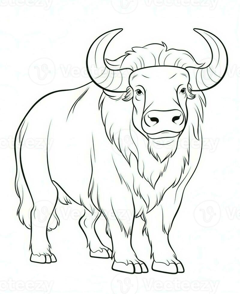 Vector of buffalo in black and white coloring. Animal coloring page for kids. Generative AI photo