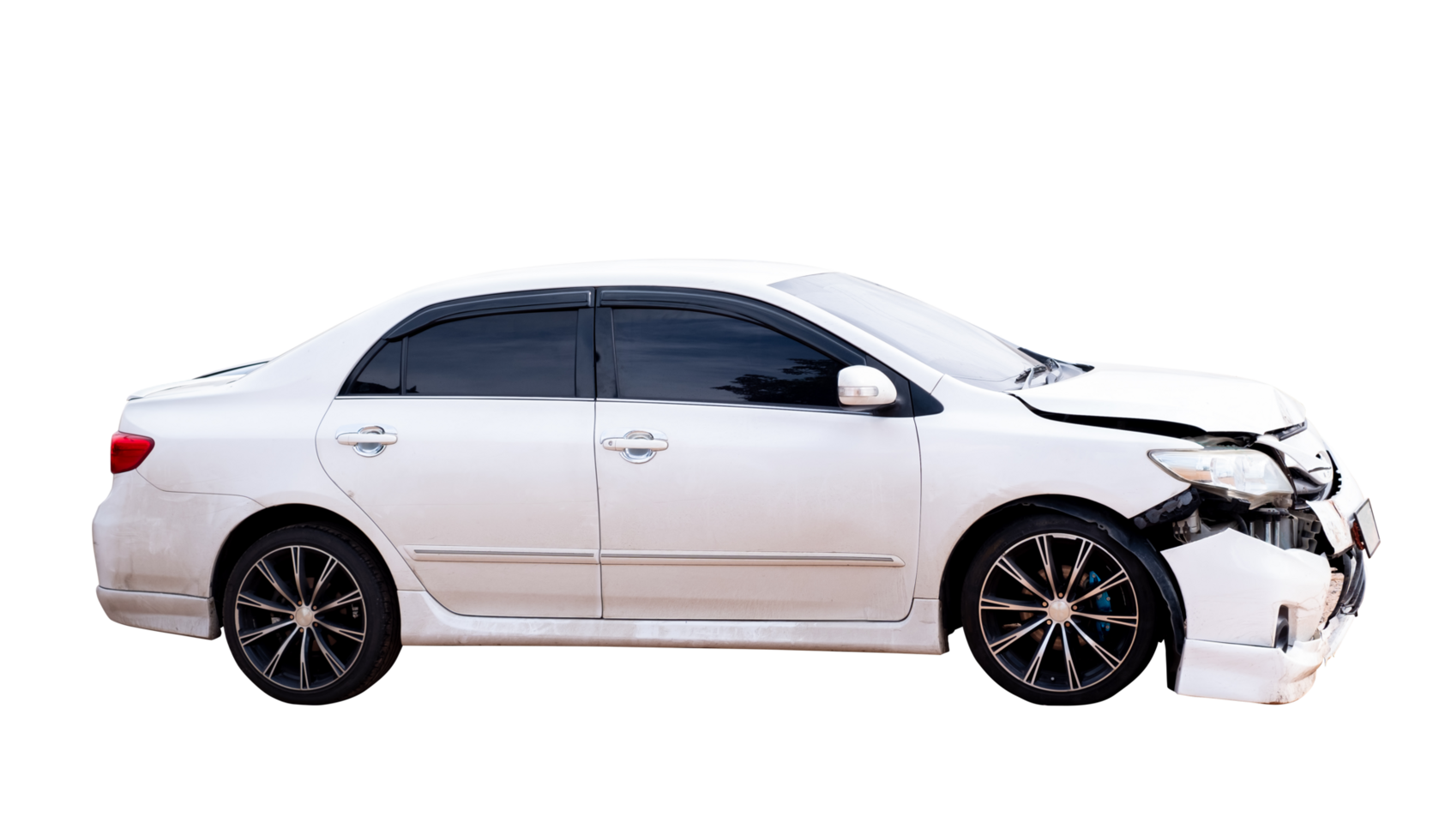 Front and side of white car get damaged by accident on the road. damaged cars after collision. isolated on transparent background, PNG file