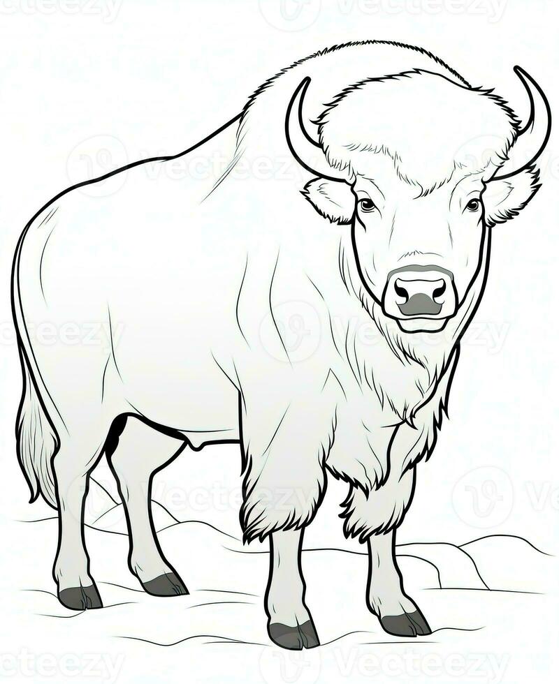 a bison is standing in the snow in this coloring page. Generative AI photo