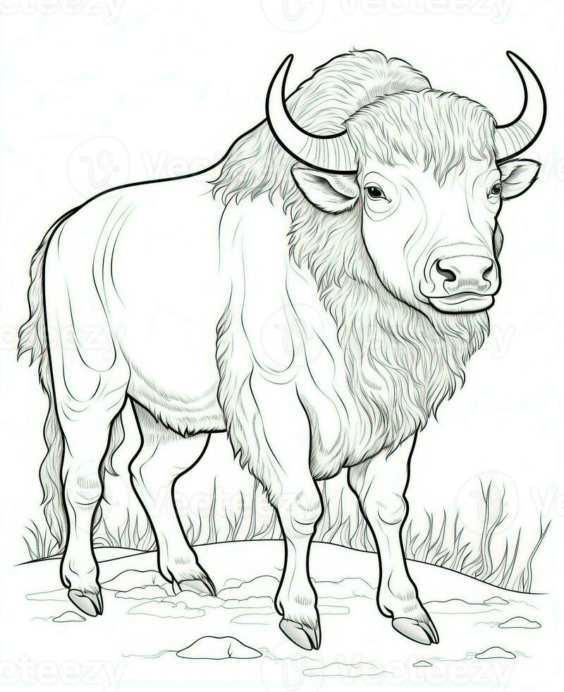a coloring page with a bison standing in the grass. Generative AI photo