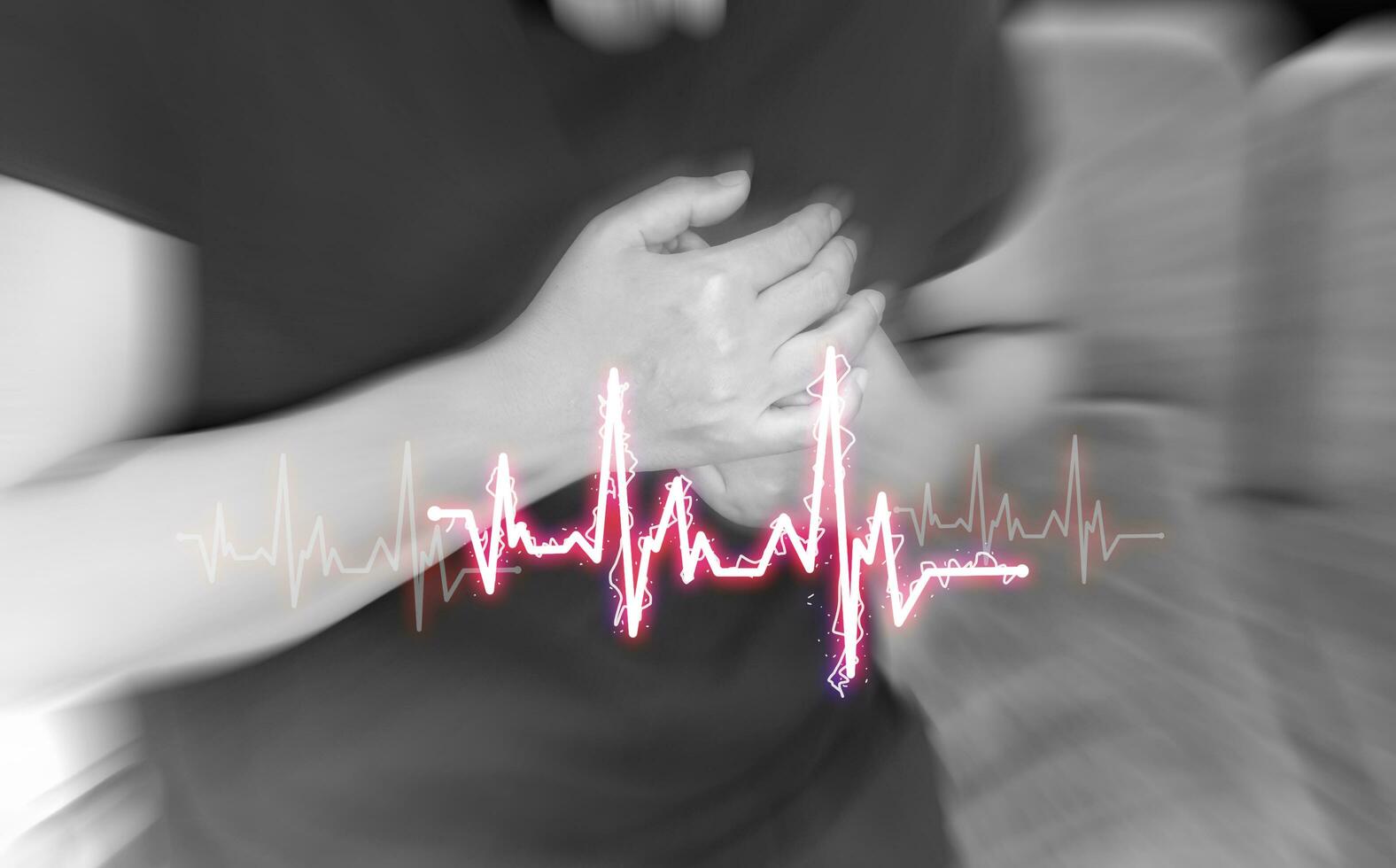 Severe heartache, women suffering from chest pain, having heart attack or painful cramps, hand holding pressing on chest with painful expression, Internal health care concept. photo