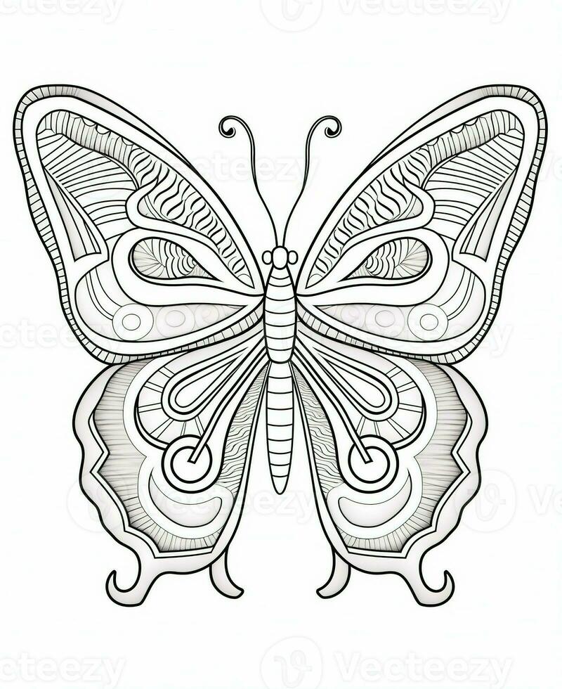 Butterfly isolated on white background. Coloring for adults and children. Black and white drawing. Generative AI photo