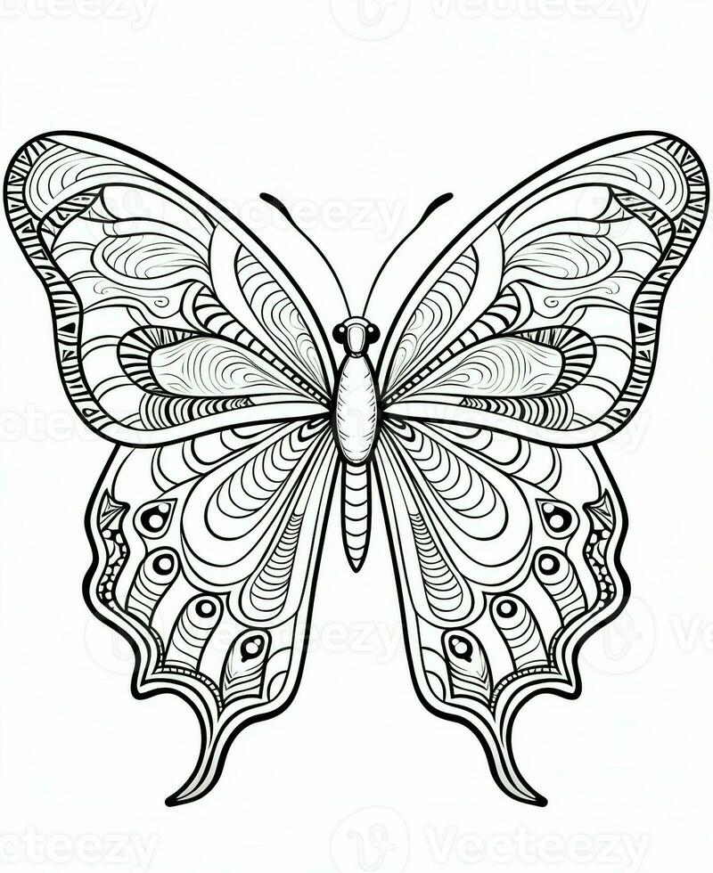 Butterfly isolated on white background. Coloring for adults and children. Black and white drawing. Generative AI photo