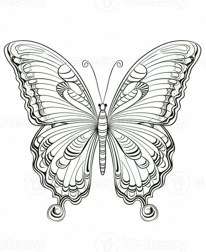Butterfly isolated on white background. Coloring for adults and children. Black and white drawing. Generative AI photo