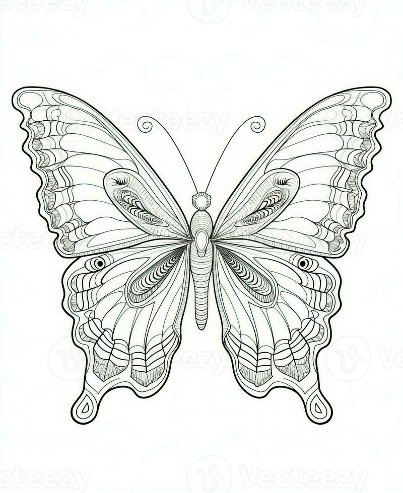 Butterfly isolated on white background. Coloring for adults and children. Black and white drawing. Generative AI photo