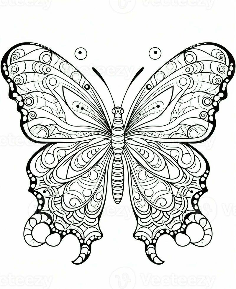 Butterfly isolated on white background. Coloring for adults and children. Black and white drawing. Generative AI photo