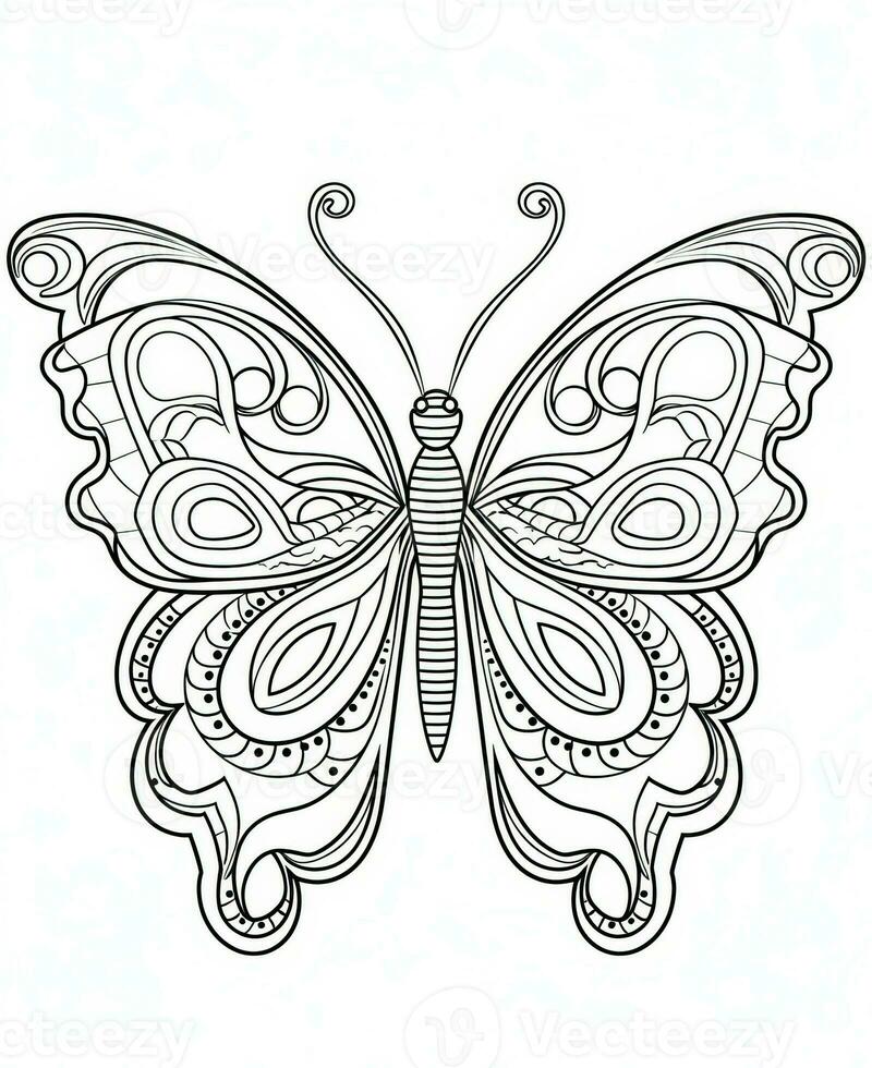 Butterfly isolated on white background. Coloring for adults and children. Black and white drawing. Generative AI photo