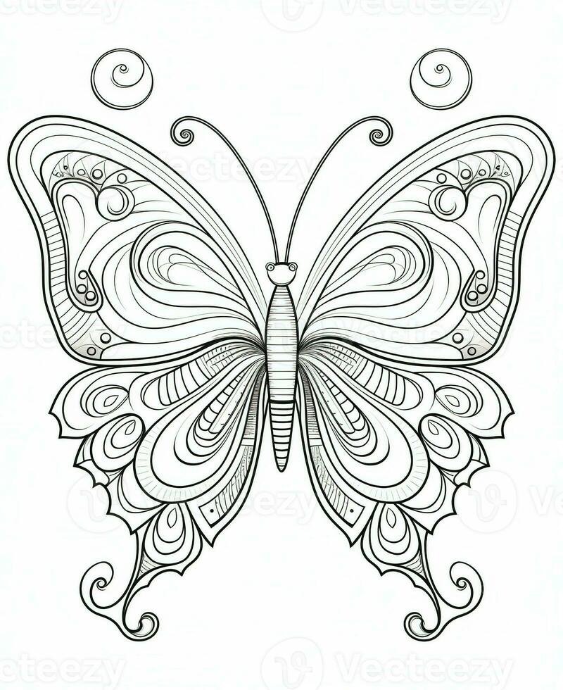 Butterfly isolated on white background. Coloring for adults and children. Black and white drawing. Generative AI photo