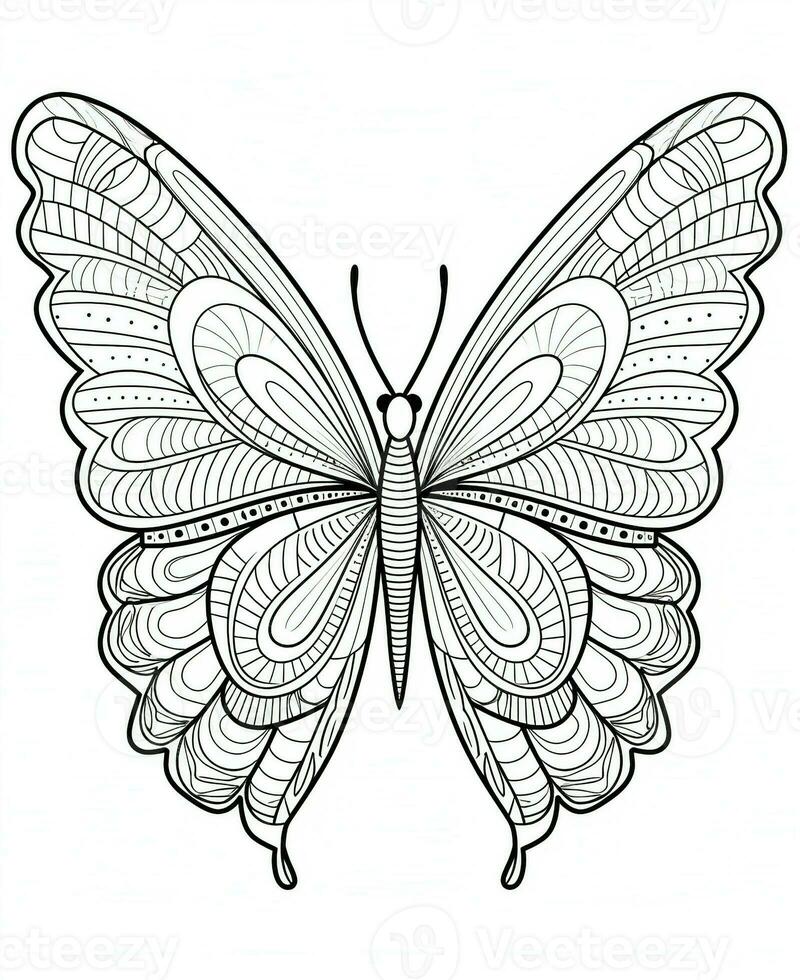 mariposa aislado en blanco antecedentes. colorante para adultos y niños. negro y blanco dibujo. generativo ai foto