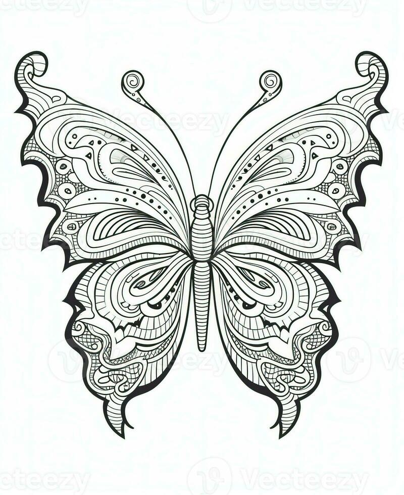 Butterfly isolated on white background. Coloring for adults and children. Black and white drawing. Generative AI photo