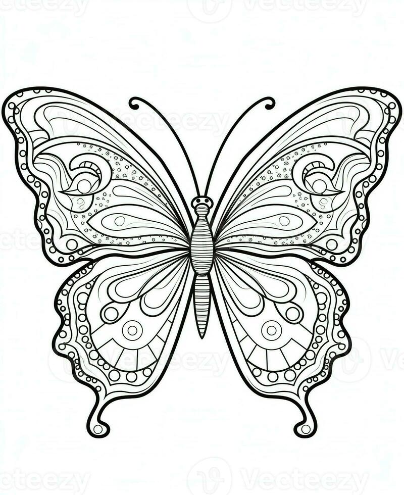 Butterfly isolated on white background. Coloring for adults and children. Black and white drawing. Generative AI photo