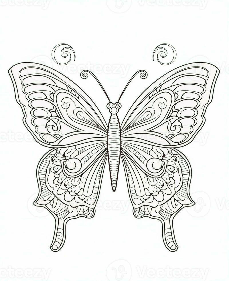 Butterfly isolated on white background. Coloring for adults and children. Black and white drawing. Generative AI photo