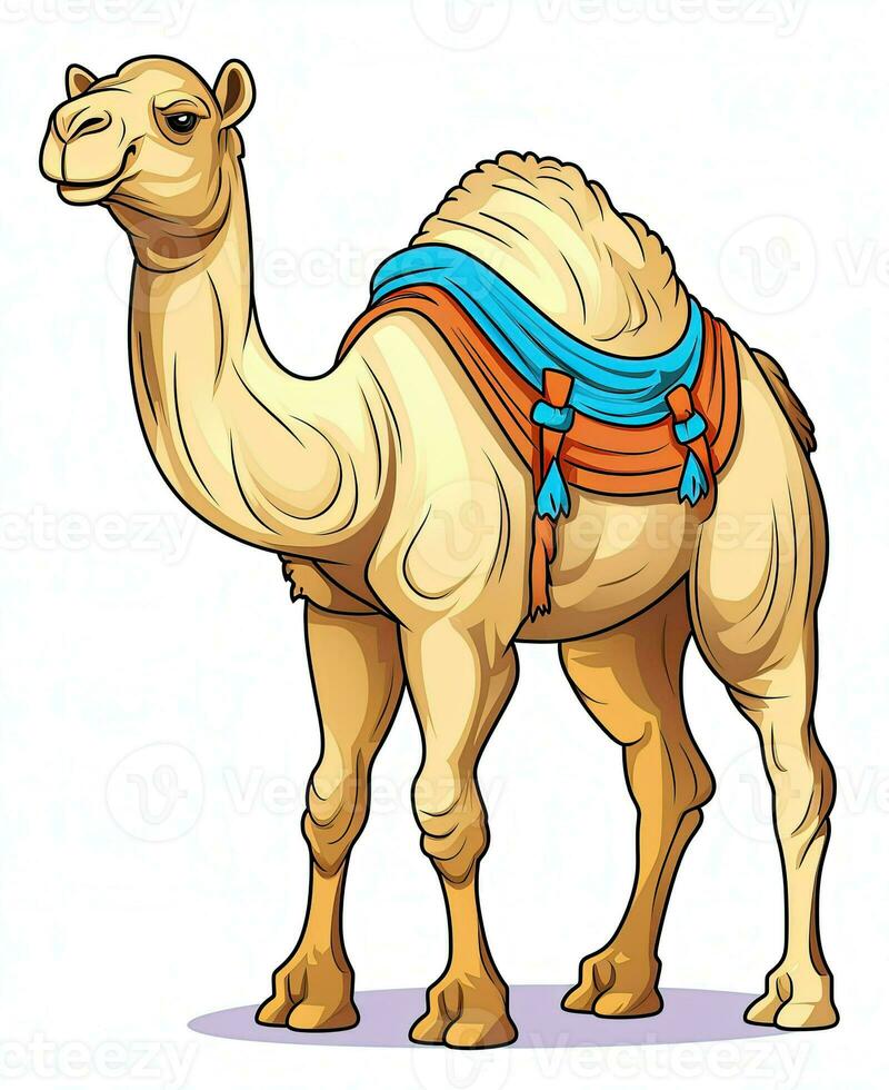 cartoon camel with saddle on white background. Generative AI photo