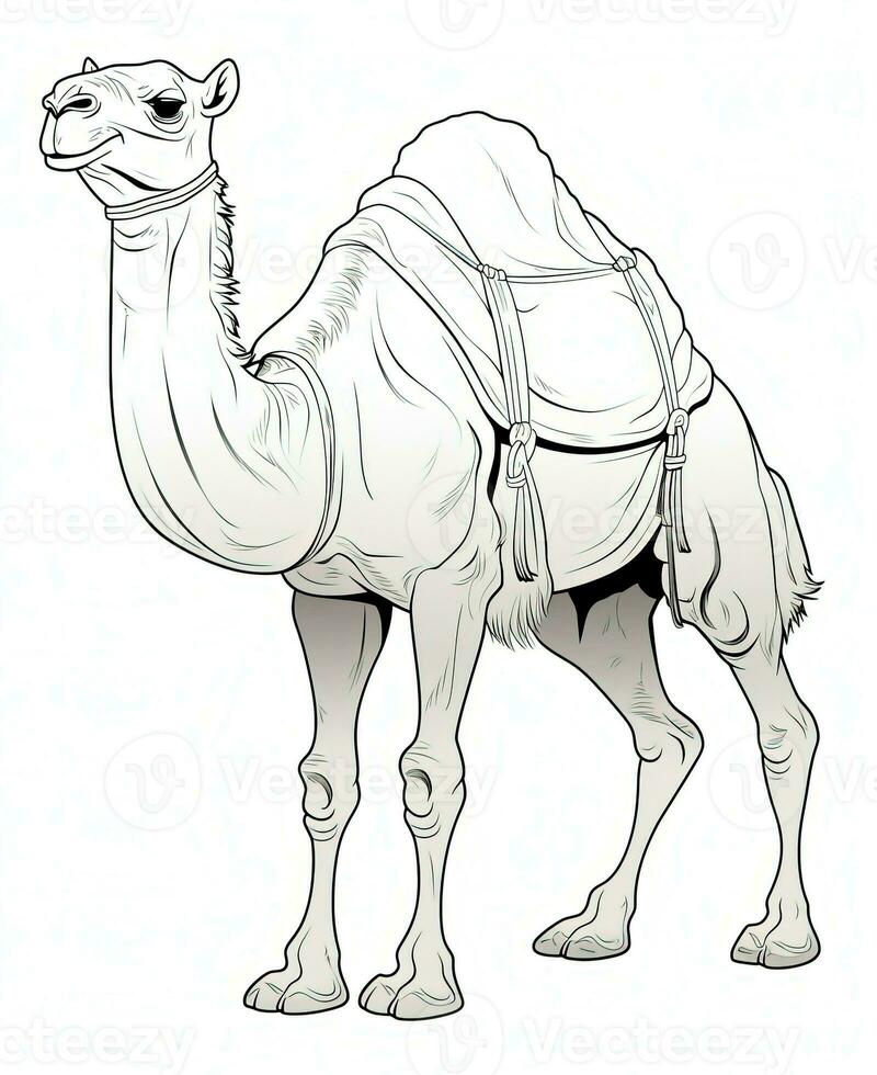 Camel vector drawing. Coloring Page Isolated for Kids. Generative AI photo