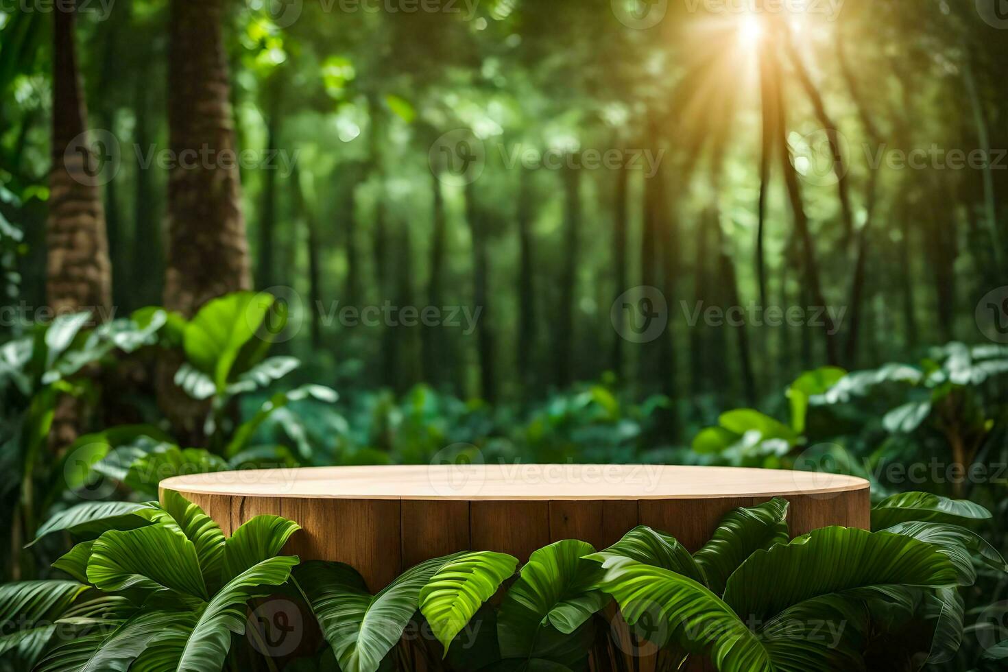 An Empty Rustic Wood Product Display Podium In The Middle Of A Forest Premade Photo Mockup Background