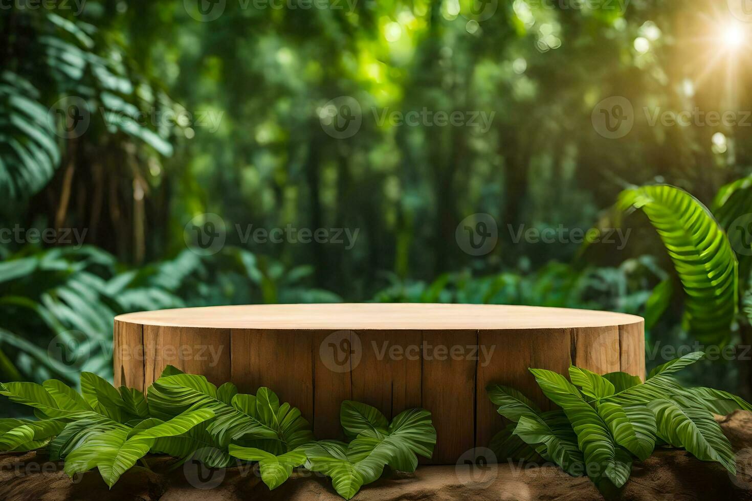 An Empty Rustic Wood Product Display Pedestal Surrounded by Forest Foliage Premade Photo Mockup Background