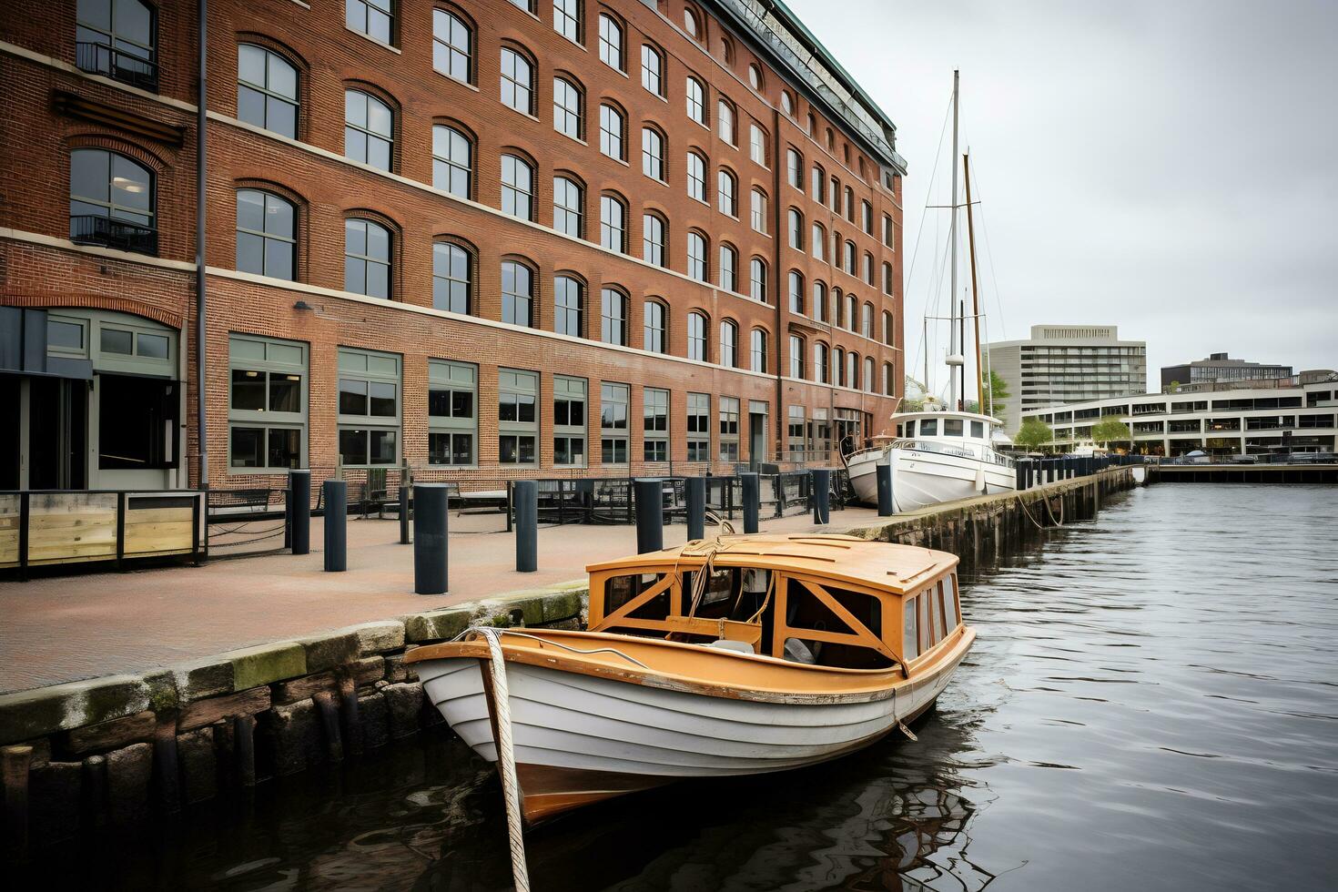 A boat is docked in front of building AI Generative photo