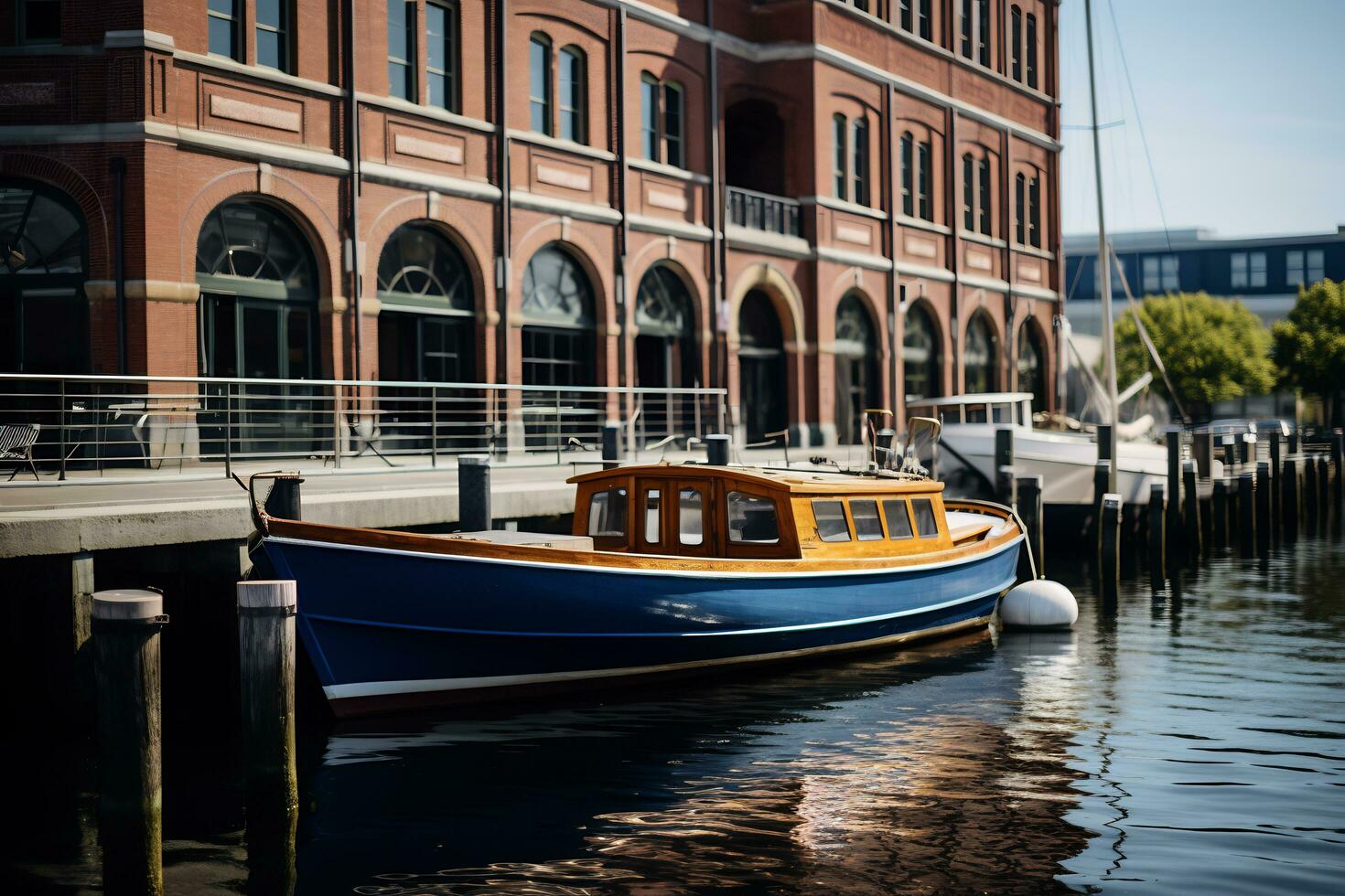 A boat is docked in front of building AI Generative photo