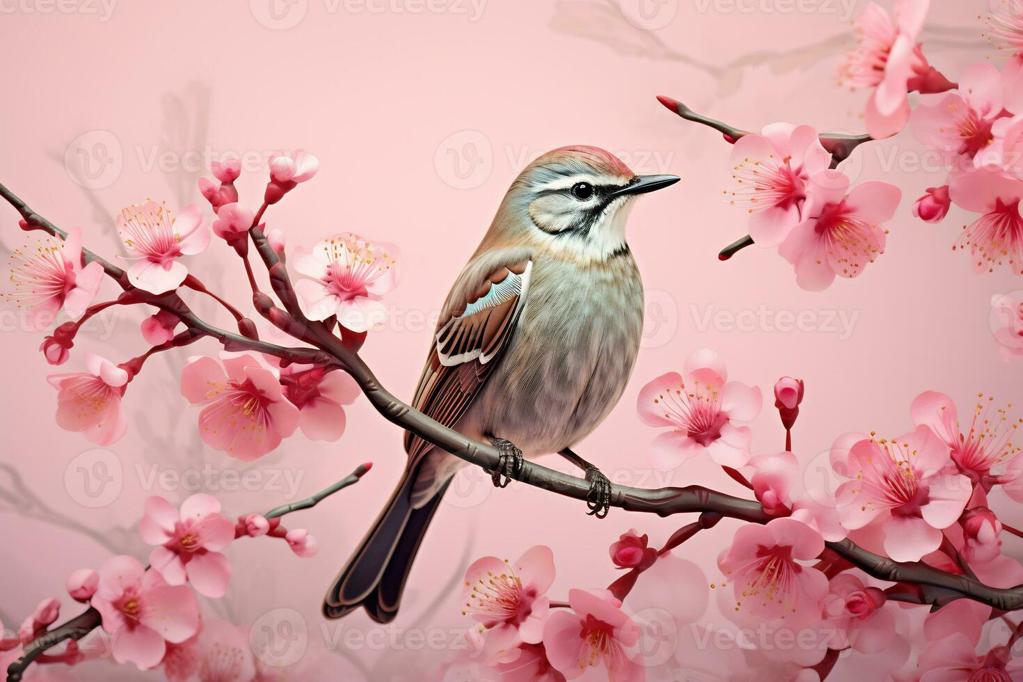 AI Generative bird perched on a branch of a cherry blossom tree photo
