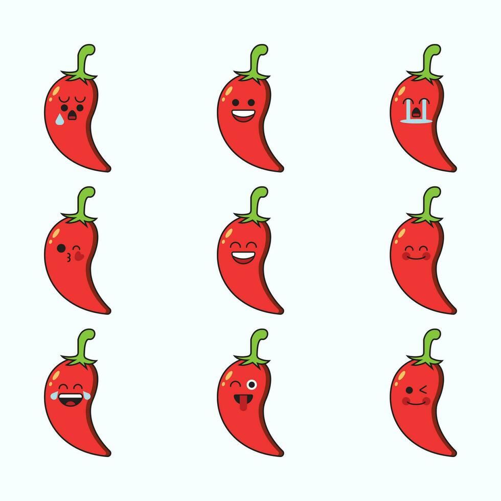 vegetal emoticon vector icono colocar. linda emoji chile pimienta con rostro.