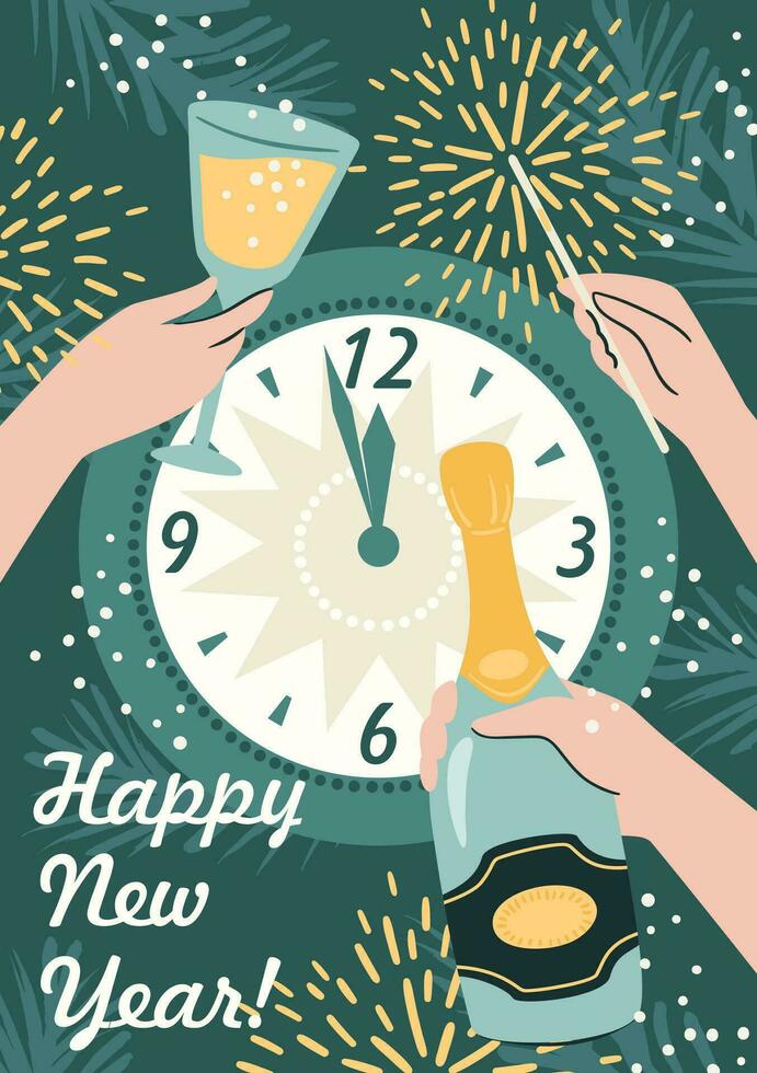 Christmas and Happy New Year illustration of party. Trendy retro style. Vector design template.