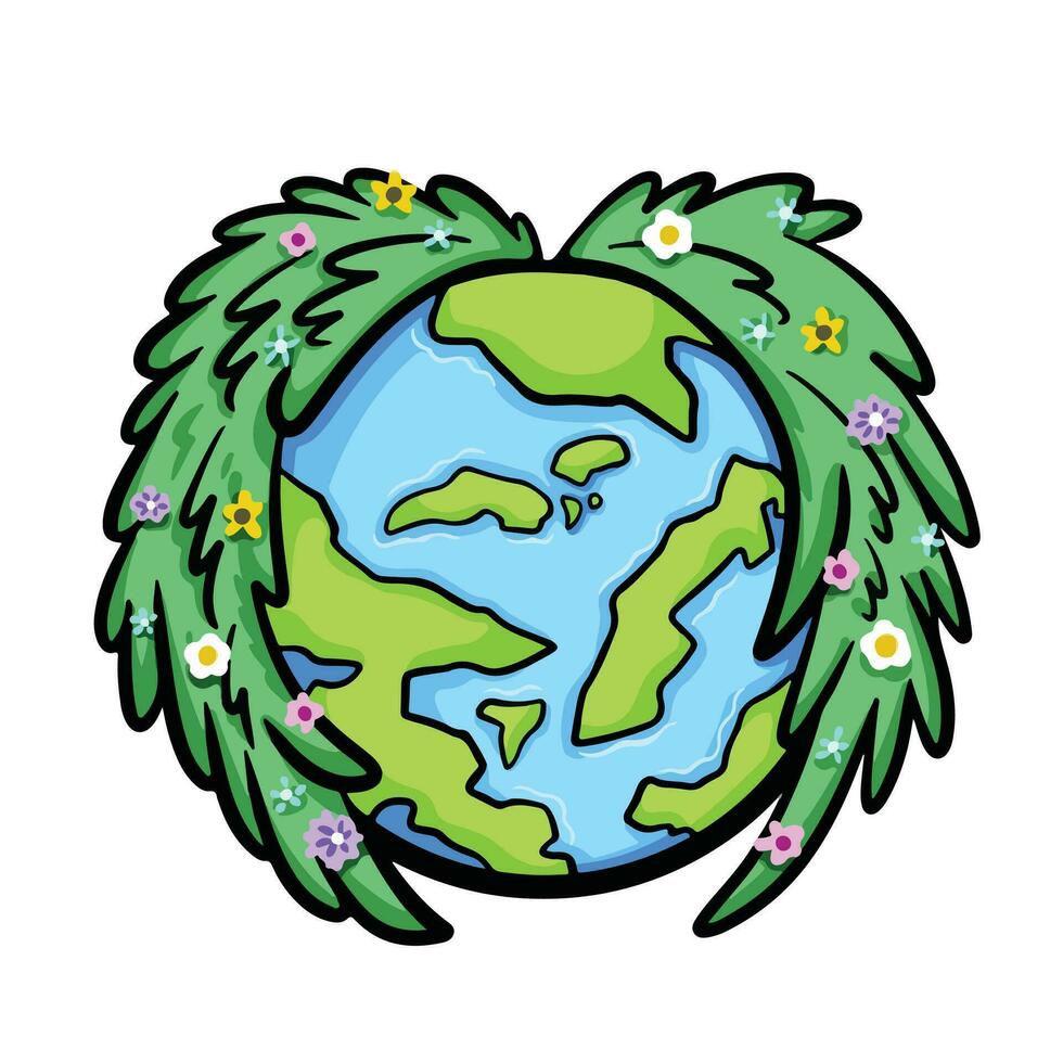 Earth day. Blue and green planet with green tree leaves wings and colorful flowers on top of it vector illustration isolated on square white background. Simple flat cartoon art styled drawing.