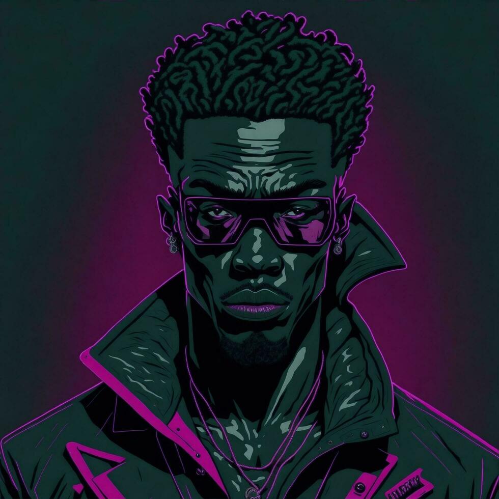 Illustration of a black rapper in a purple and green duotone style, ai generative photo