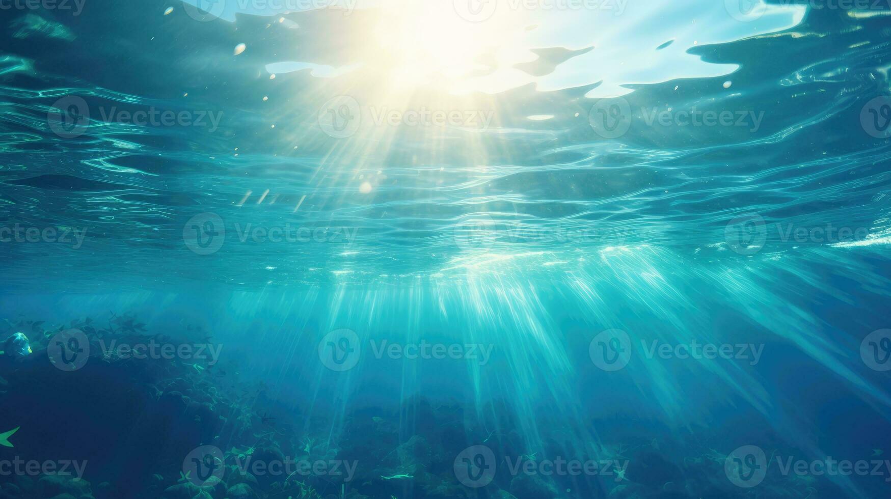 Summer time under sea. Ocean in clean and clear water with ray of sunlight photo