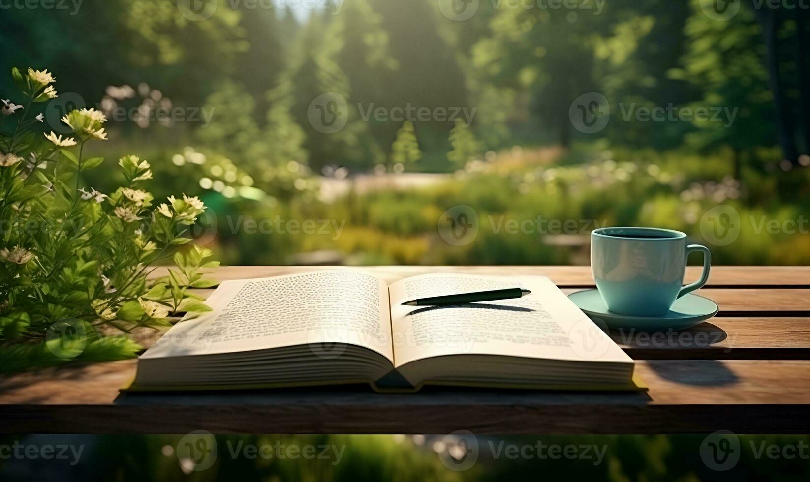 outdoor table coffee and book nature background forest generative ai photo