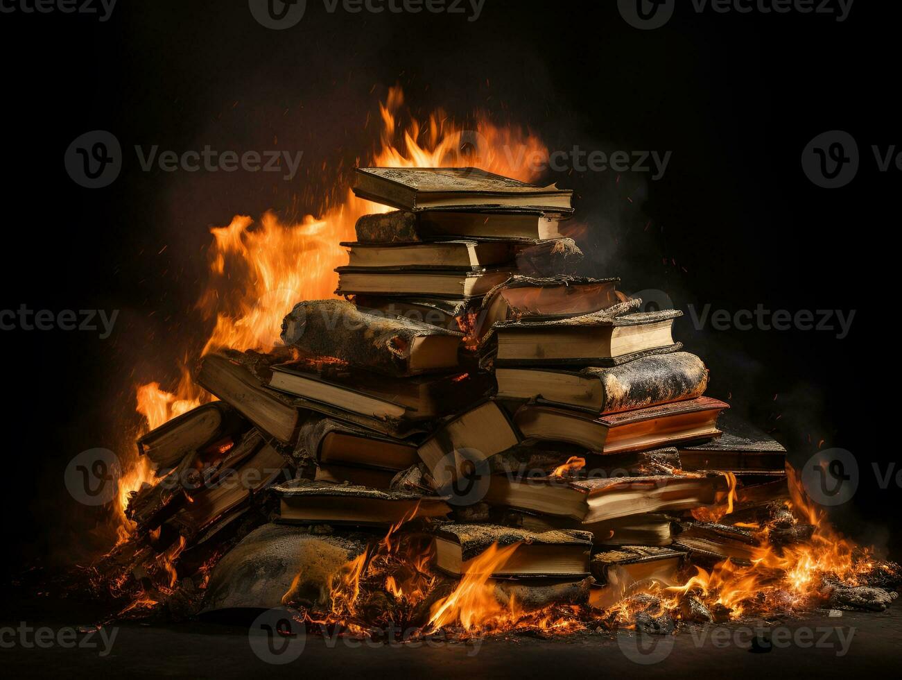 burned pile of books stack on fire knowledge lost concept generative ai photo