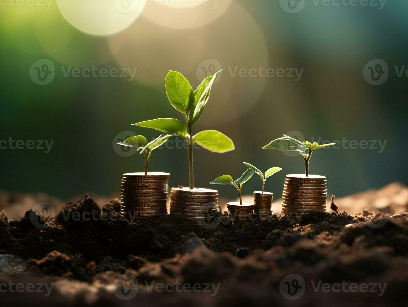 pilas de monedas con planta brote Finanzas crecimiento concepto ai generar foto