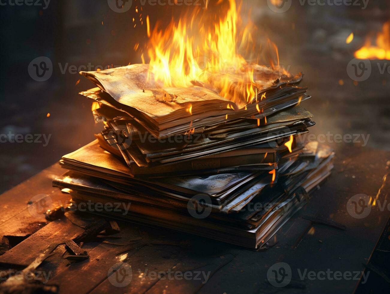 burned pile of books stack on fire knowledge lost concept generative ai photo