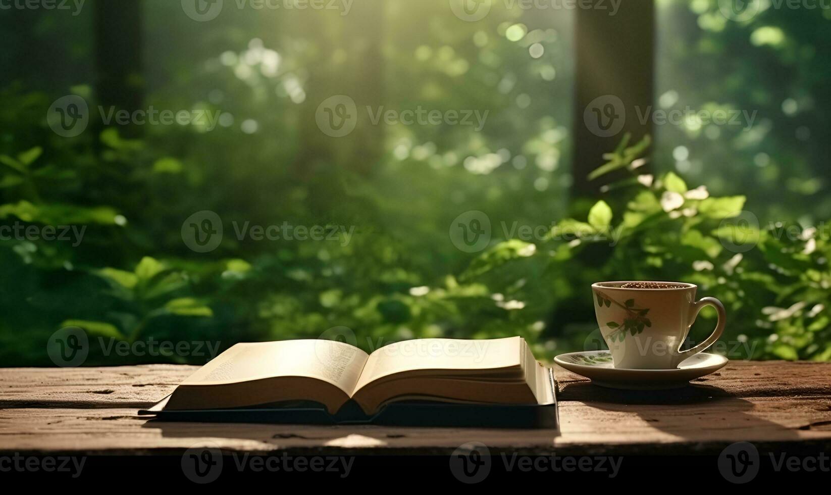 outdoor table coffee and book nature background forest generative ai photo