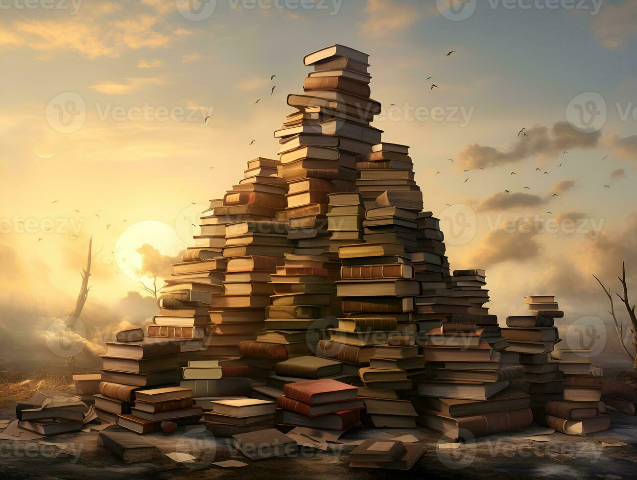 pile of books pyramid mountain art stack cinematic light generative ai photo