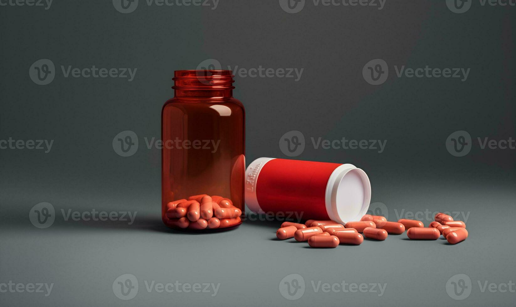 medicine capsule pill spilled from the bottle copy space ai generate photo