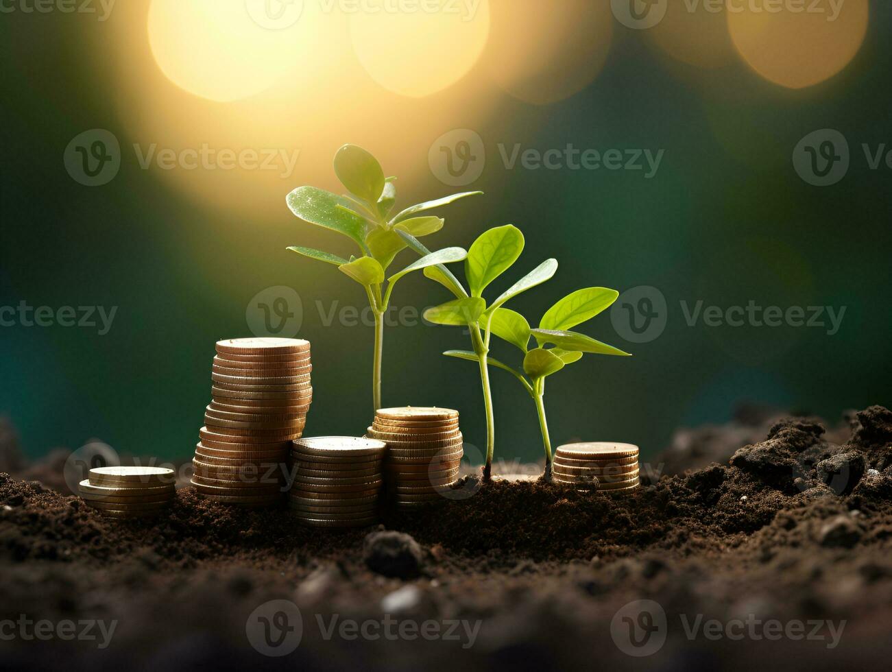 pilas de monedas con planta brote Finanzas crecimiento concepto ai generar foto