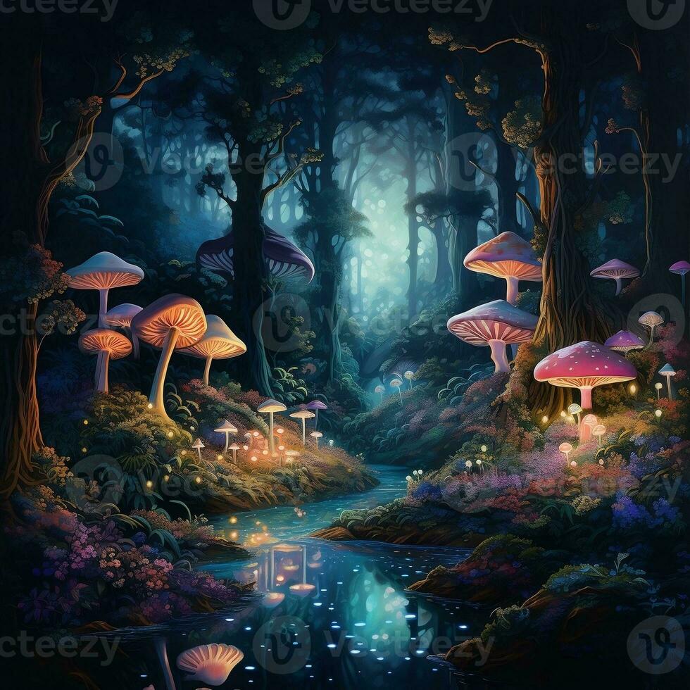 fairy tale forest mushroom and road light generative ai photo