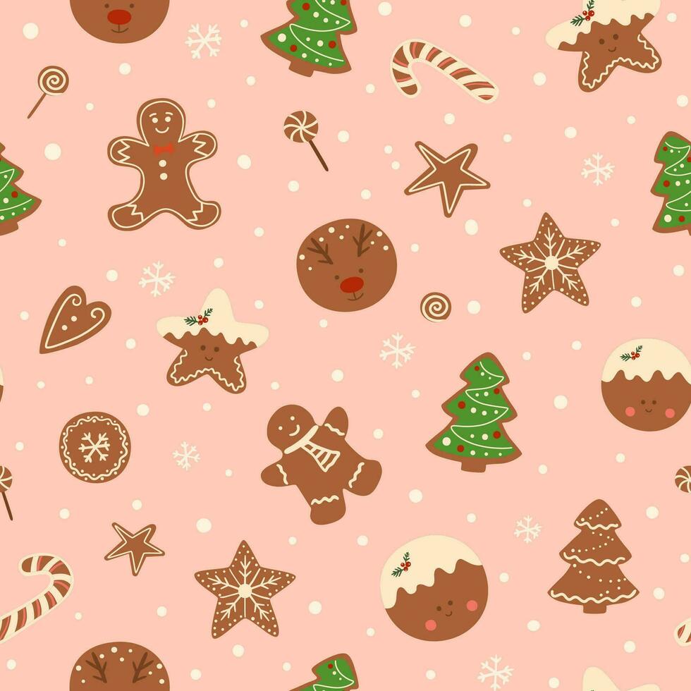 Winter seamless pattern with gingerbread cookies. Christmas pastry on pink. Vector repeat background. Tasty Christmas dessert print, surface design, wallpapers, fabrics, wrapping paper, package.